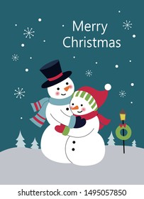 Hugging snowman in the snow
