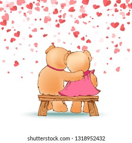Hugging teddy bears sitting on wooden bench on background of red hearts. Happy toy animals couple back view, romantic cartoon Valentines day card