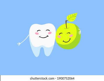 Hugging tooth and apple, good food for teeth, healthy habits. Cute cartoon style. Smiling characters. 