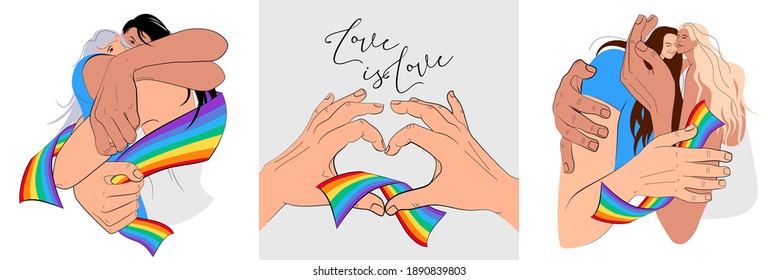 Hugging two girls with the Rainbow tape. Lovers. Embrace one another. LGBT couple. Gesture heart fingers. Character design. Set collection. Flat Vector Illustration.