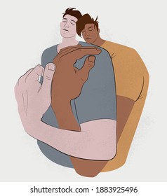 Hugging two men. Lovers. Embrace one another. LGBT couple. Character design. Flat Vector Illustration.