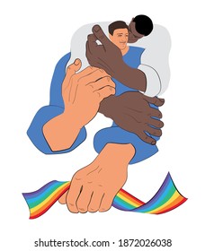 Hugging two men with the  Rainbow tape. Lovers. Embrace one another. LGBT couple. Character design. Flat Vector Illustration.