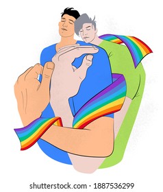 Hugging two men with the  Rainbow tape. Lovers. Embrace one another. LGBT couple. Character design. Flat Vector Illustration.