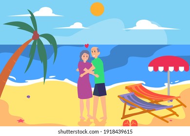 Hugging vector concept: Senior couple hugging in the beach while enjoying quality time together