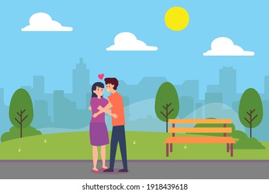 Hugging vector concept: Young couple hugging each other while standing in the park together