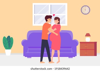 Hugging vector concept: Young husband hugging his pregnant wife while standing together at home