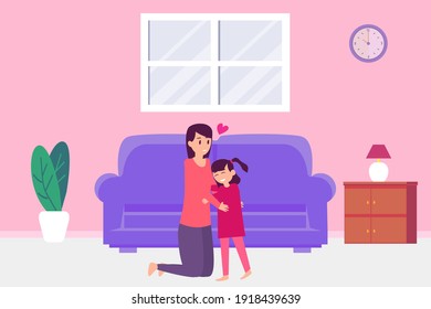 Hugging vector concept: Young mother hugging her daughter at home while enjoying leisure time