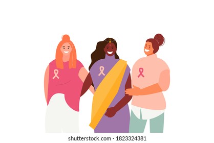 Hugging women together against breast cancer. International awareness and support month vector