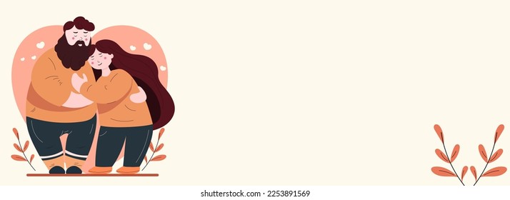 Hugging Young Man And Woman Against Pastel Pink Heart Shapes, Leaves Background And Copy Space. Love Or Valentine Concept.