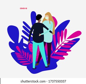 Hugging young man and woman in medical face mask. Vector plants background Novel coronavirus 2019-nCoV. Colored print design, global quarantine concept vector illustration, world pandemic and epidemic