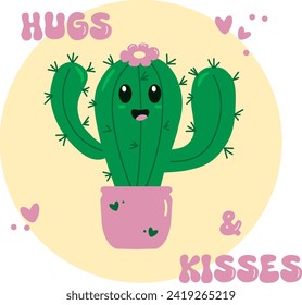 Huggs and kisses. Cute cactus with hearts. Print, poster, T-shirt, card, label, gifts design. Valentines Day, Relationship concept