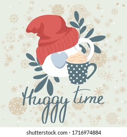 Huggy time lettering. Knitted hat dressed on a teapot and a mug with tea, decorated with a decorative branch of a plant.
Isolated on a gentle light green background. Side view. Cozy vector illustratio