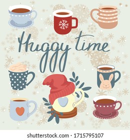 Huggy time. Set of different cups with tea or coffee. Side view. Colored trendy vector illustration. Flat design. Cartoon. Isolated on a gentle light green background.
