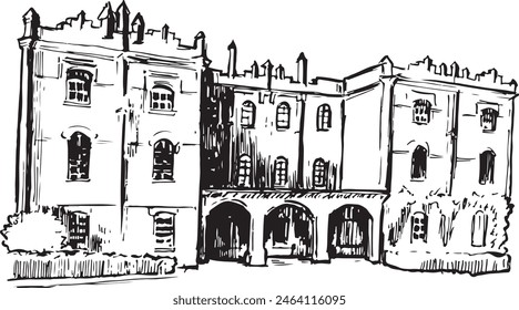 Hughenden Manor ink illustration. Britain Victorian architecture ink sketches. Tourist attraction black and white illustration. Simple minimal illustration.