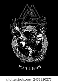 Huginn and Muninn - Odin's Celtic Ravens. Scandinavian tattoo as well as print on fabric. Runic symbols in the Old Norse language in translation mean Ravens. Vector illustration