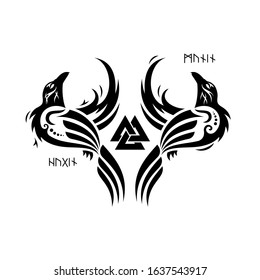 Huginn and Muninn - Odins ravens. Odin Valknut and ravens