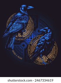 Huginn y Muninn - Odin's Ravens. Diseño Celta Escandinavo. Símbolos rúnicos en el idioma nórdico antiguo en Ravens medio. Trixel, cruz celta, Gungir y nudos. Ilustración vectorial de los mitos escandinavos