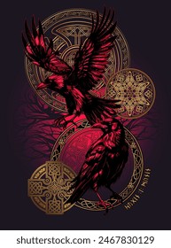 Huginn y Muninn - Odin's Ravens. Diseño Celta Escandinavo. Símbolos rúnicos en el idioma nórdico antiguo en Ravens medio. Trixel, cruz celta, Gungir y nudos. Ilustración vectorial de los mitos escandinavos