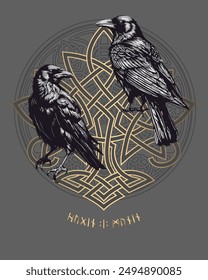 Huginn und Muninn - Odins Raben. Skandinavisches keltisches Design. Runen-Symbole in der altnordischen Sprache bedeuten Raben. Trixel, Keltenkreuz, Gungir und Knoten. Vektorillustration skandinavischer Mythen