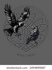 Huginn and Muninn - Odin's Ravens. Scandinavian Celtic design. Runic symbols in the Old Norse language in mean Ravens. Trixel, Celtic cross, Gungir and knots. Vector illustration of Scandinavian myths