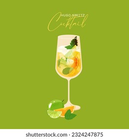 Cóctel Hugo Spritz con cal, trozo de naranja y hojas de menta. Verano Alcohol bebe aperitivo italiano con licor, prosecco, cubos de hielo y agua de gaseosa espumosa. Ilustración de bebidas del vector Fresh