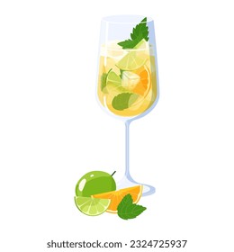 Hugo spritz cóctel con cal, trozo de naranja y hojas de menta vectorial aisladas en fondo blanco. Verano Alcohol bebe aperitivo italiano con licor, prosecco, cubos de hielo y agua de gaseosa espumosa