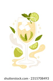 Cóctel Hugo Spritz con rodajas de cal, hojas de menta y agua de gaseosa brillante. Beber bajo en alcohol con cubos de hielo. Bebida fresca de verano. Ilustración vectorial con apertura italiana de moda, formas líquidas.