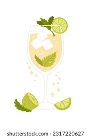 Cóctel Hugo Spritz con rodajas de cal y hojas de menta. Bebida baja en alcohol con cubos de hielo y agua de gaseosa espumosa. Bebida fresca de verano. Ilustración vectorial con apertura italiana de moda.