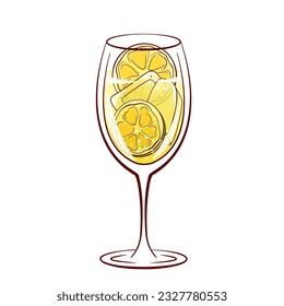 Cóctel hugo spritz con rodajas de cal y cubos de hielo en línea de arte al estilo de dibujos animados. Beber alcohol italiano de verano con licor, prosecco y agua de gaseosa espumosa. Ilustración del vector aislada en blanco