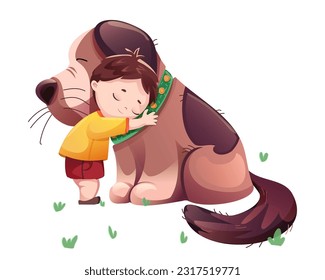 Hugs of a boy and a big dog. Reliable protection for your pet dog. The true friendship of a child with an animal.