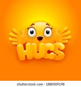 Hugs card. Yellow emoji character in cartoon 3d style. Vector illustration