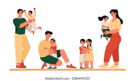 Hugs with children concept. Mothers and fathers with daughters and sons. Parents and kids. Good relationship in happy family. Love, care and support. Cartoon flat vector illustration