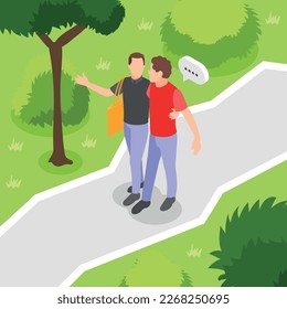 Hugs day concept isometric background with gay couple hugging each other while walking in park 3d vector illustration