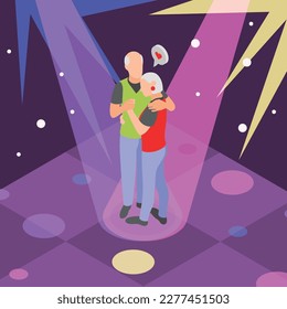 Hugs day concept isometric background with elderly couple hugging and dancing together in colorful spotlight vector illustration