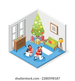 Hugs day concept isometric composition with daughters hugging their parents on new years eve in decorated room 3d vector illustration