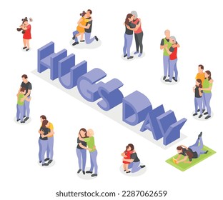 Hugs day isometric composition on white background with people hugging each other vector illustration