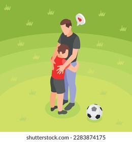 Hugs day isometric concept with boy hugging his dad on sports field vector illustration