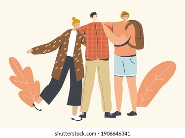 Hugs, Embrace with Friends Concept. Diverse Multiracial Male and Female Characters Stand in Row Hugging Each Other. International Friendship Day Celebration, Peace. Cartoon People Vector Illustration