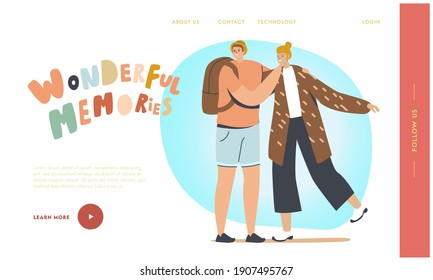 Hugs, Embrace Landing Page Template. Teens Students Male and Female Characters Hugging One Another, Meet after Vacation. International Friendship Day Celebration. Cartoon People Vector Illustration