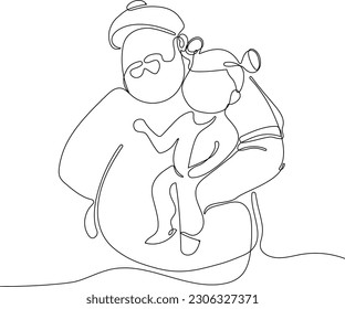 Hugs of a father with a child. One continuous line drawing banner, background, poster with family embrace. Happy Father Day simple vector illustration of child and father. Vector illustration