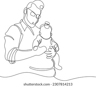 Hugs of a father with a child. One continuous line drawing banner, background, poster with family embrace. Happy Father Day simple vector illustration of child and father. Vector illustration