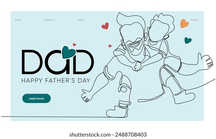 Hugs of a father with a child. One continuous line drawing banner, background, poster with family embrace. Happy Father Day simple vector illustration of child and father. Vector illustration