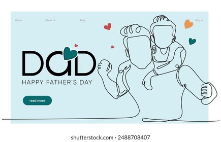 Hugs of a father with a child. One continuous line drawing banner, background, poster with family embrace. Happy Father Day simple vector illustration of child and father. Vector illustration