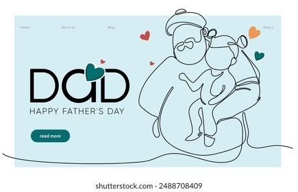 Hugs of a father with a child. One continuous line drawing banner, background, poster with family embrace. Happy Father Day simple vector illustration of child and father. Vector illustration