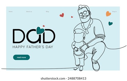 Hugs of a father with a child. One continuous line drawing banner, background, poster with family embrace. Happy Father Day simple vector illustration of child and father. Vector illustration