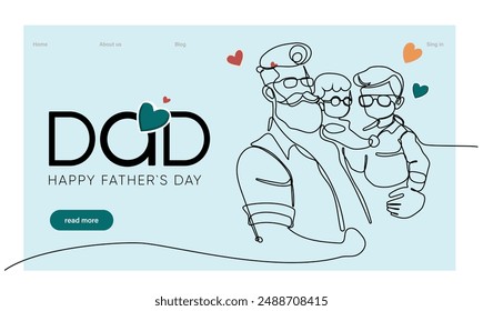 Hugs of a father with a child. One continuous line drawing banner, background, poster with family embrace. Happy Father Day simple vector illustration of child and father. Vector illustration