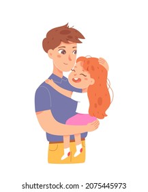 Hugs from father to daughter vector illustration. Cartoon dad carrying child in hands, funny young girl hugging parent with love isolated on white. Portrait of happy family, childhood concept