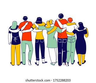 Hugs with Friends Concept. Diverse Multiracial Male and Female Characters Stand in Row Hugging Each Other Rear View. International Friendship Day Celebration, Peace. Linear People Vector Illustration