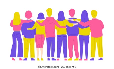 Hugs from friends. Friendship of guys and girls. Unity and good relationships. Family, team, collaboration or partnership. Men and women in a flat style. Vector illustration