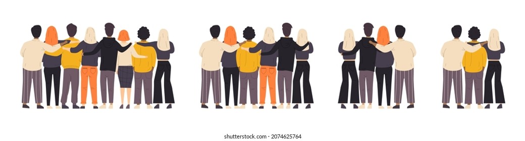 Hugs from friends. Friendship of guys and girls. Unity and good relationships. Family, team, collaboration or partnership. Men and women in a flat style. Vector illustration